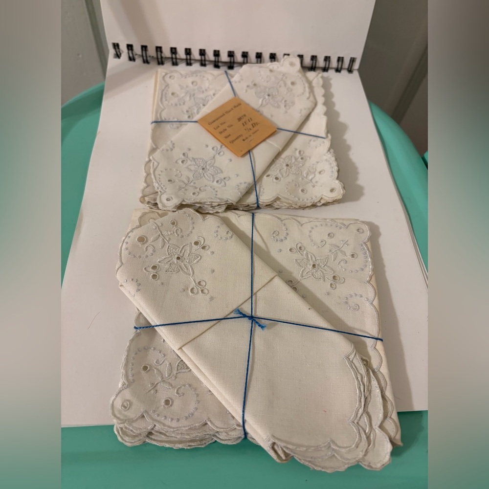 Vintage New 12 Linen Hand Embroidered Cocktail Napkins Made in Azores Portugal